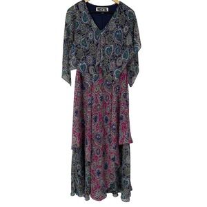 Vicky Tiel Womens Paisley Layered Maxi Dress Size L Flutter Sleeve Colorful Boho